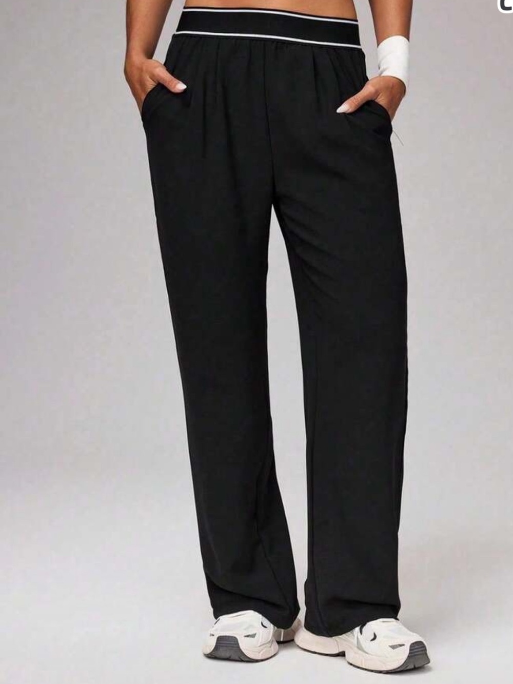 Black Wide Leg Athleisure Pants with Stripe Waistband track pants